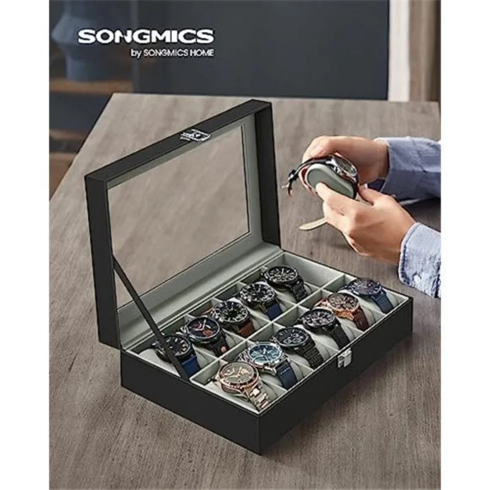 Watch Box, 12-Slot Watch Case Organizer with Large Glass Lid